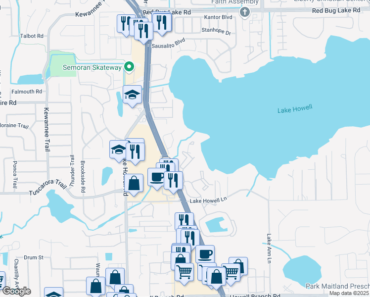 map of restaurants, bars, coffee shops, grocery stores, and more near 1247 Marina Point in Casselberry