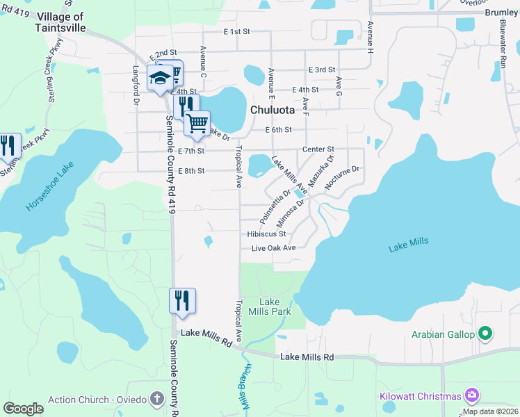 map of restaurants, bars, coffee shops, grocery stores, and more near 335 Camellia Street in Chuluota