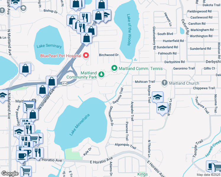 map of restaurants, bars, coffee shops, grocery stores, and more near 1624 Indian Dance Ct in Maitland