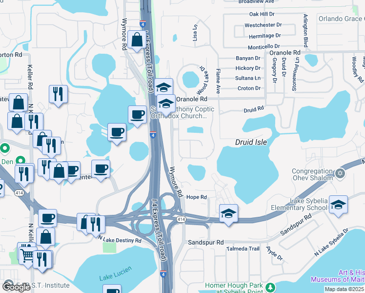 map of restaurants, bars, coffee shops, grocery stores, and more near 873 Brightwater Circle in Maitland