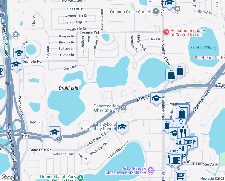 map of restaurants, bars, coffee shops, grocery stores, and more near 602 Trelago Way in Maitland