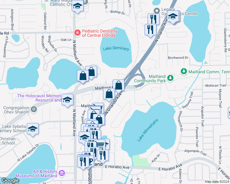map of restaurants, bars, coffee shops, grocery stores, and more near 1053 Orlando Avenue in Maitland