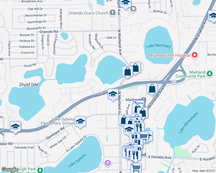 map of restaurants, bars, coffee shops, grocery stores, and more near in Maitland