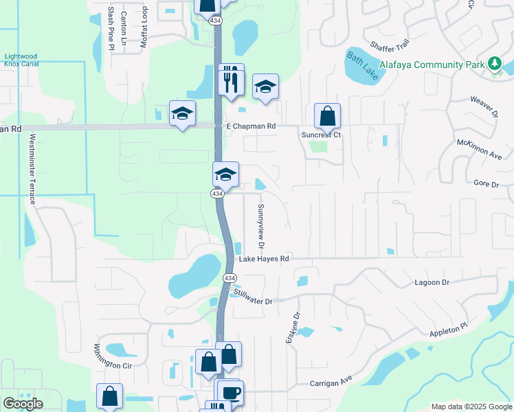 map of restaurants, bars, coffee shops, grocery stores, and more near 2232 Sunnyview Drive in Oviedo