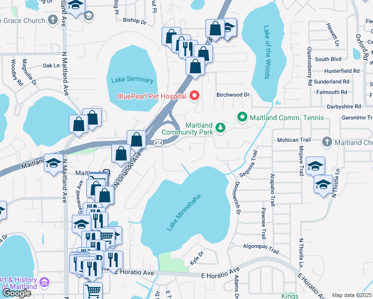 map of restaurants, bars, coffee shops, grocery stores, and more near 719 Terra Place in Maitland