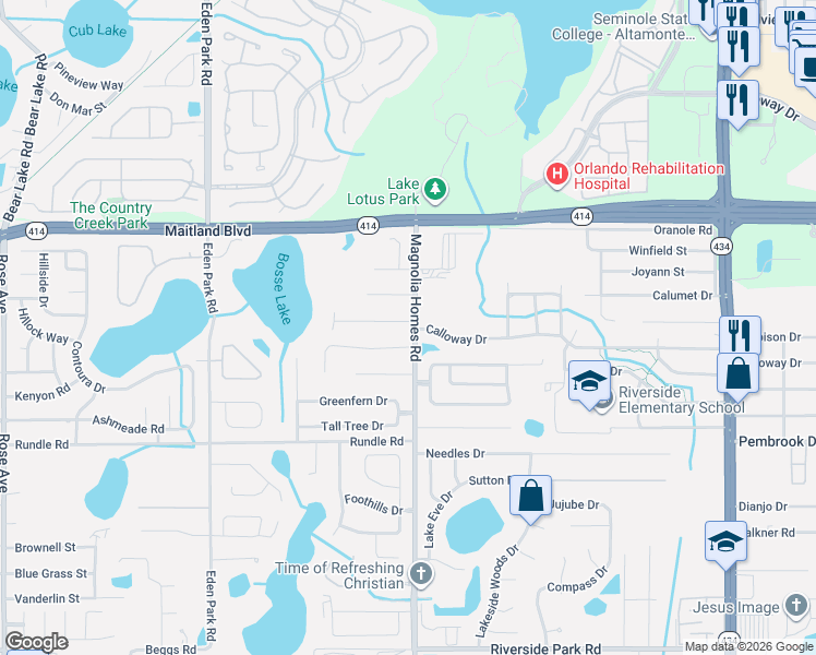 map of restaurants, bars, coffee shops, grocery stores, and more near 4006 Lake Bosse View Drive in Orlando