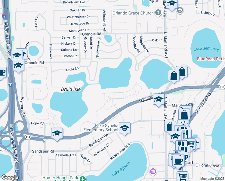 map of restaurants, bars, coffee shops, grocery stores, and more near 601 Trelago Way in Maitland