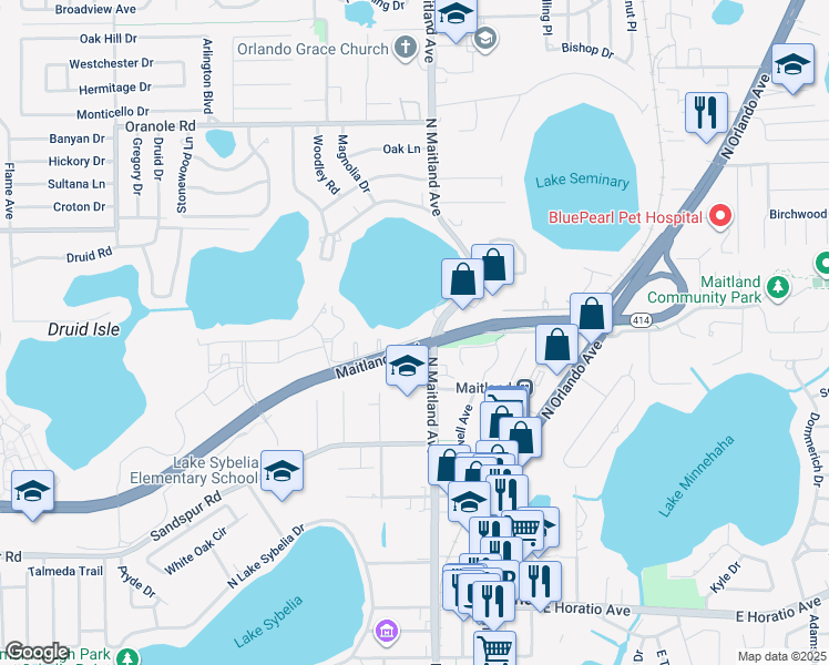map of restaurants, bars, coffee shops, grocery stores, and more near 107 West Lake Faith Drive in Maitland