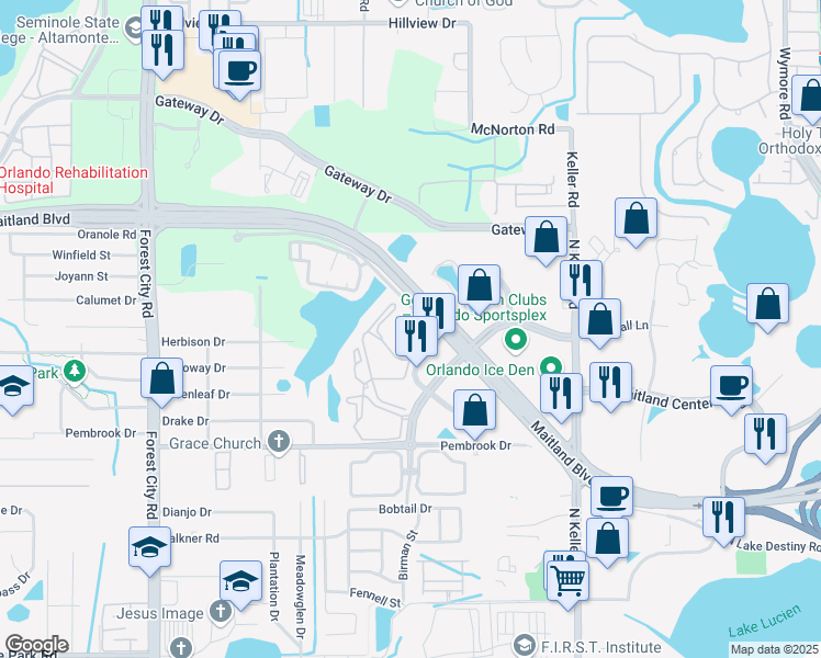 map of restaurants, bars, coffee shops, grocery stores, and more near 8624 Villa Point in Orlando