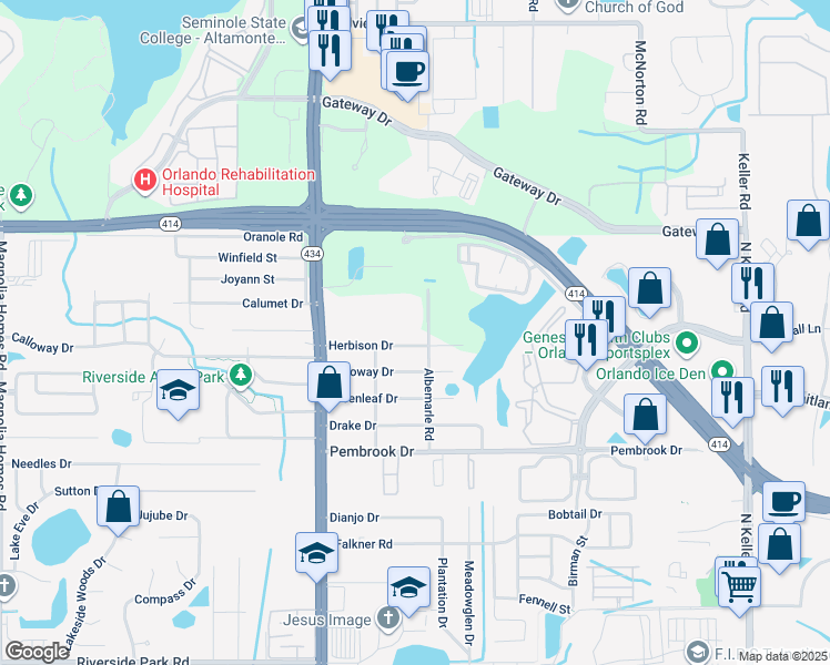 map of restaurants, bars, coffee shops, grocery stores, and more near 2400 Herbison Drive in Orlando