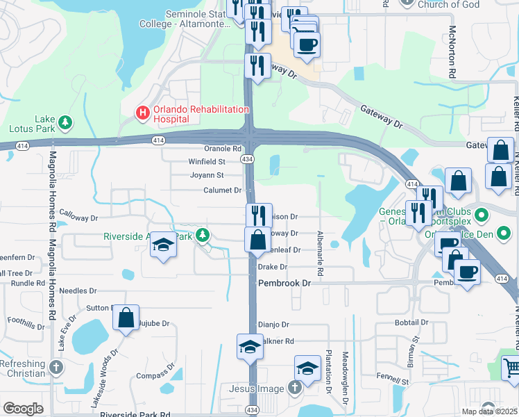 map of restaurants, bars, coffee shops, grocery stores, and more near 2616 Herbison Drive in Orlando