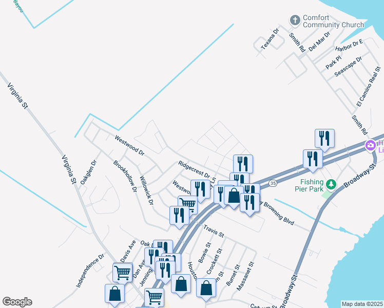map of restaurants, bars, coffee shops, grocery stores, and more near 500 Village Road in Port Lavaca