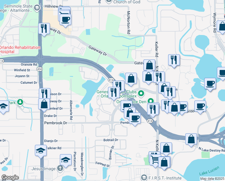 map of restaurants, bars, coffee shops, grocery stores, and more near 8624 Villa Point in Orlando