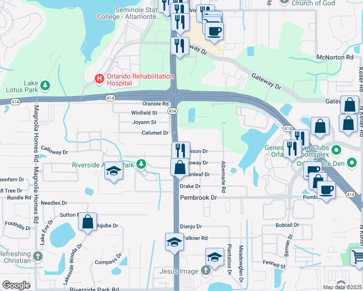 map of restaurants, bars, coffee shops, grocery stores, and more near 2616 Herbison Drive in Orlando