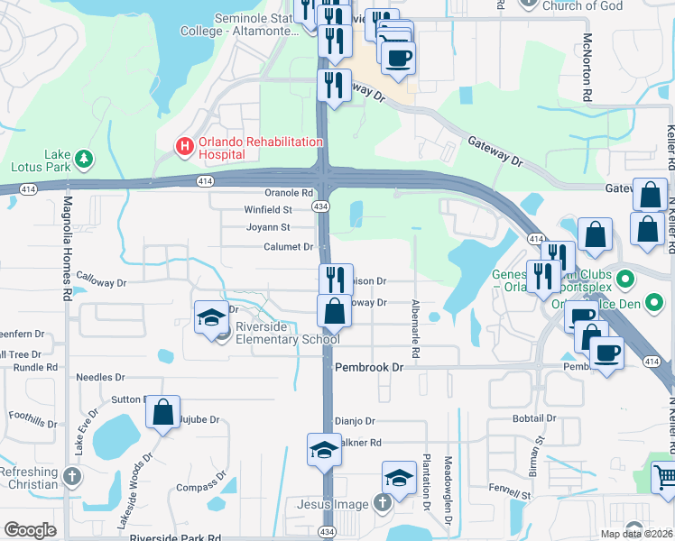 map of restaurants, bars, coffee shops, grocery stores, and more near 2616 Herbison Drive in Orlando
