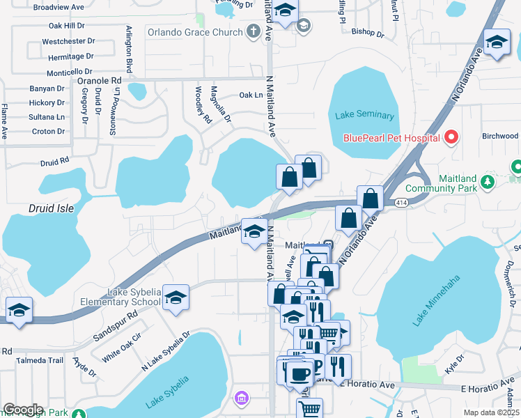 map of restaurants, bars, coffee shops, grocery stores, and more near 107 West Lake Faith Drive in Maitland