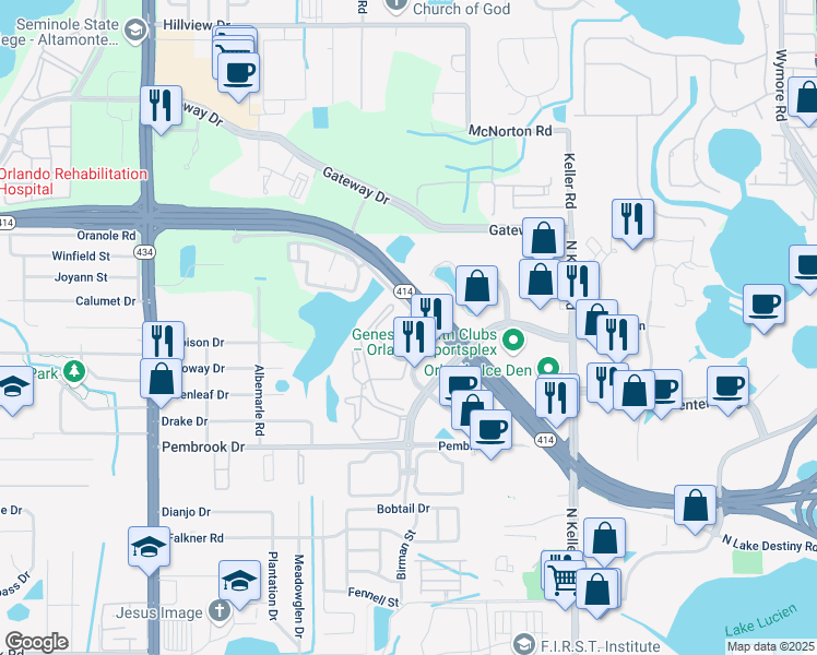 map of restaurants, bars, coffee shops, grocery stores, and more near 8624 Villa Point in Orlando