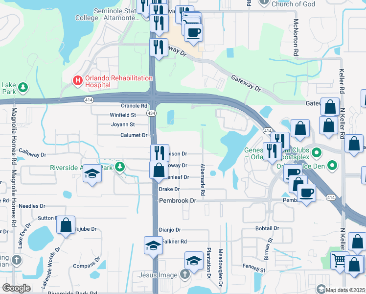 map of restaurants, bars, coffee shops, grocery stores, and more near 2651 Maitland Crossing Way in Orlando