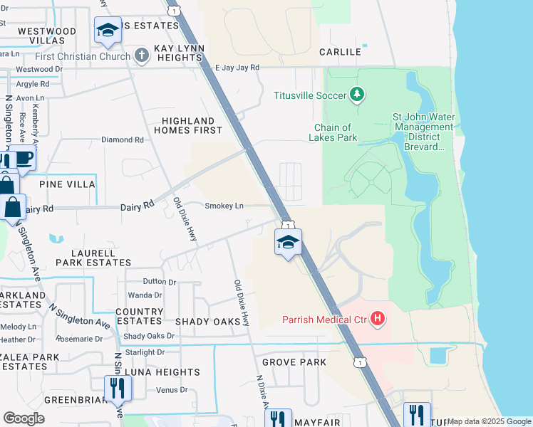 map of restaurants, bars, coffee shops, grocery stores, and more near 2370 Lagrange Road in Titusville