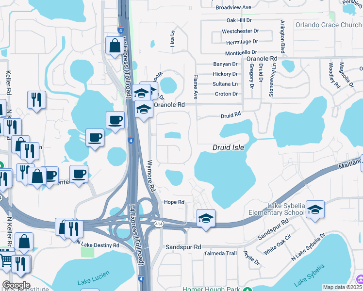 map of restaurants, bars, coffee shops, grocery stores, and more near 1916 Belford Court in Maitland