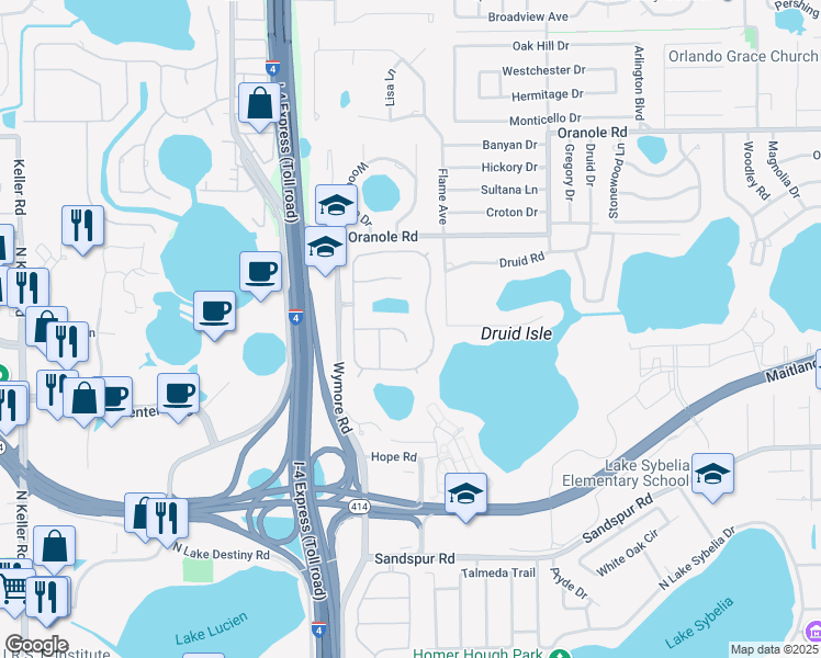 map of restaurants, bars, coffee shops, grocery stores, and more near 1916 Belford Court in Maitland