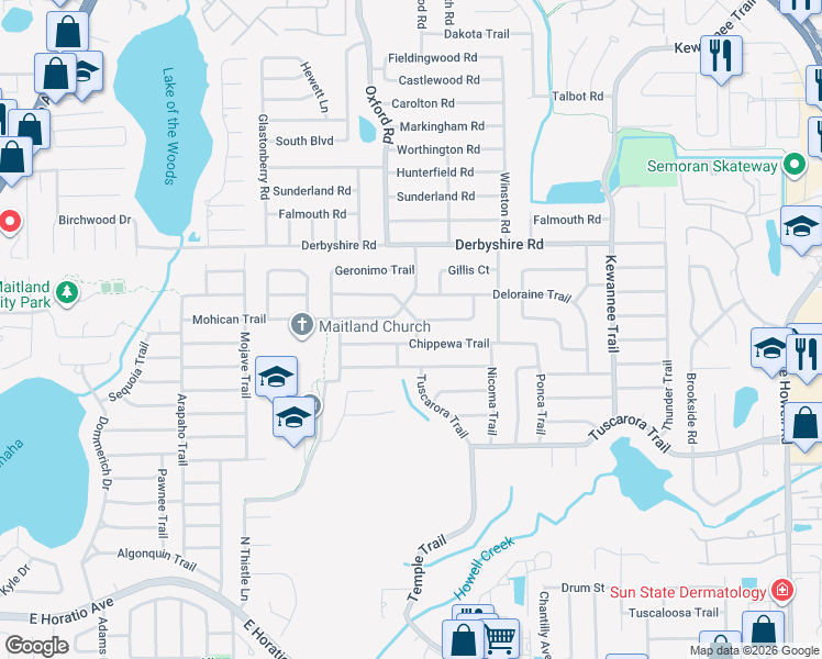 map of restaurants, bars, coffee shops, grocery stores, and more near 2106 Chippewa Trail in Maitland