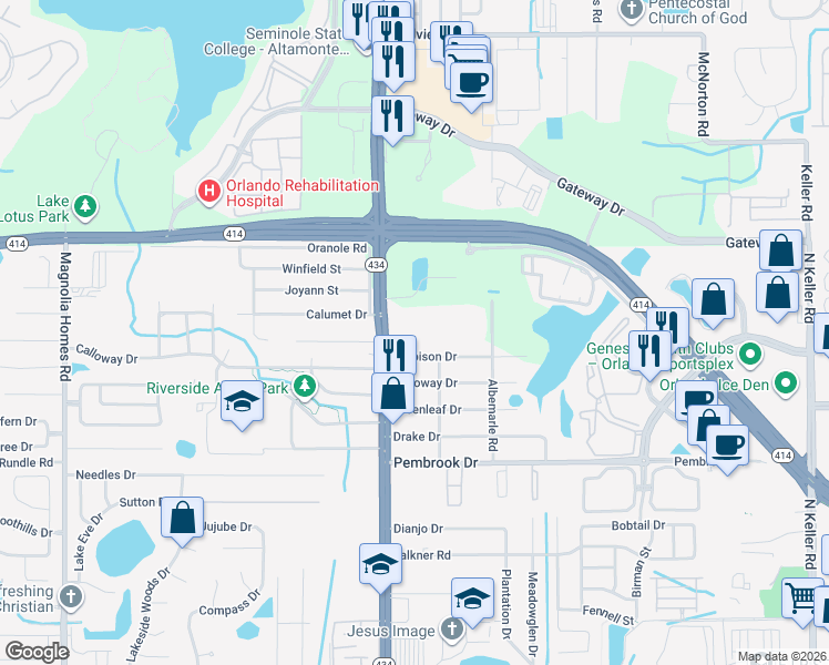 map of restaurants, bars, coffee shops, grocery stores, and more near 2729 Maitland Crossing Way in Orlando