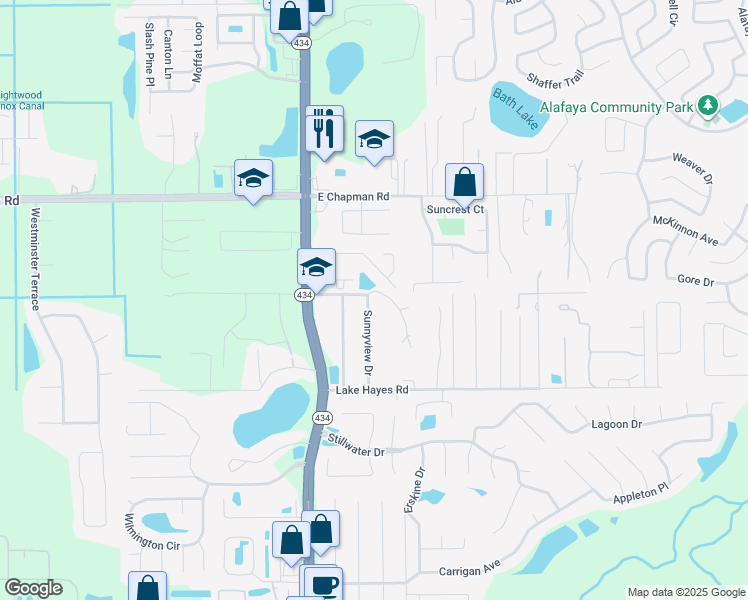 map of restaurants, bars, coffee shops, grocery stores, and more near 2232 Sunnyview Drive in Oviedo