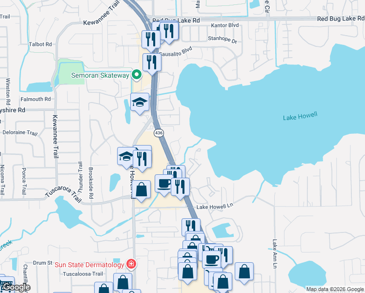map of restaurants, bars, coffee shops, grocery stores, and more near 1247 Marina Point in Casselberry