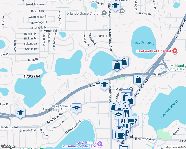 map of restaurants, bars, coffee shops, grocery stores, and more near 291 West Lake Faith Drive in Maitland