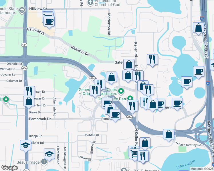 map of restaurants, bars, coffee shops, grocery stores, and more near Maitland Boulevard in Orlando