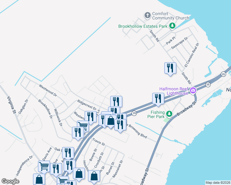 map of restaurants, bars, coffee shops, grocery stores, and more near 304 Rouen Drive in Port Lavaca