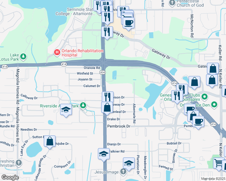 map of restaurants, bars, coffee shops, grocery stores, and more near 2616 Herbison Drive in Orlando