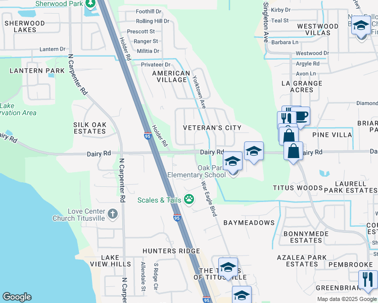 map of restaurants, bars, coffee shops, grocery stores, and more near 3400 Dairy Road in Titusville