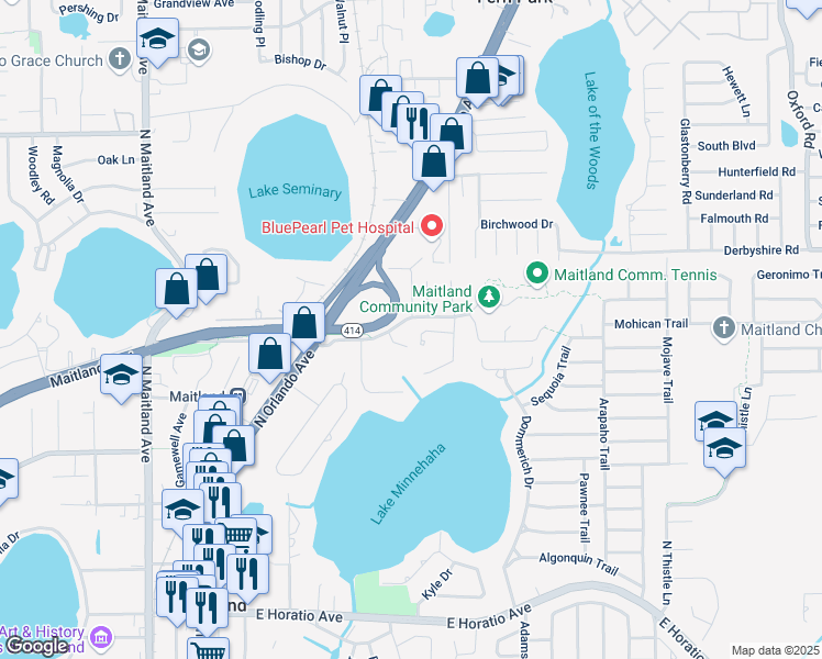 map of restaurants, bars, coffee shops, grocery stores, and more near 719 Terra Place in Maitland