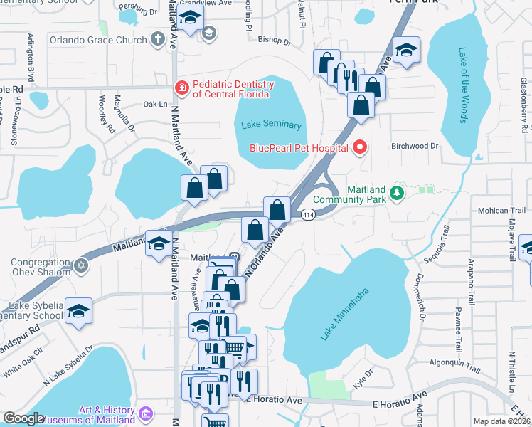 map of restaurants, bars, coffee shops, grocery stores, and more near 1122 Mechanic Street in Maitland