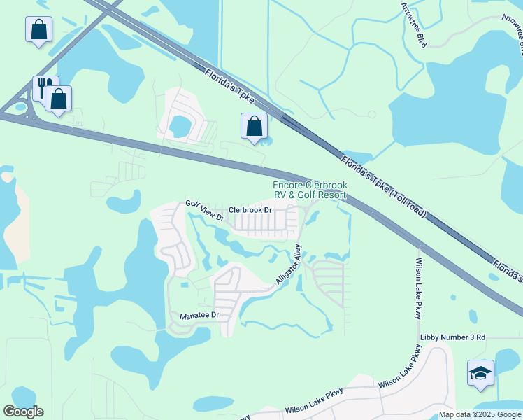 map of restaurants, bars, coffee shops, grocery stores, and more near Clerbrook Drive in Clermont