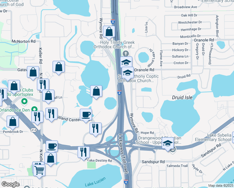 map of restaurants, bars, coffee shops, grocery stores, and more near 901 North Lake Destiny Road in Maitland