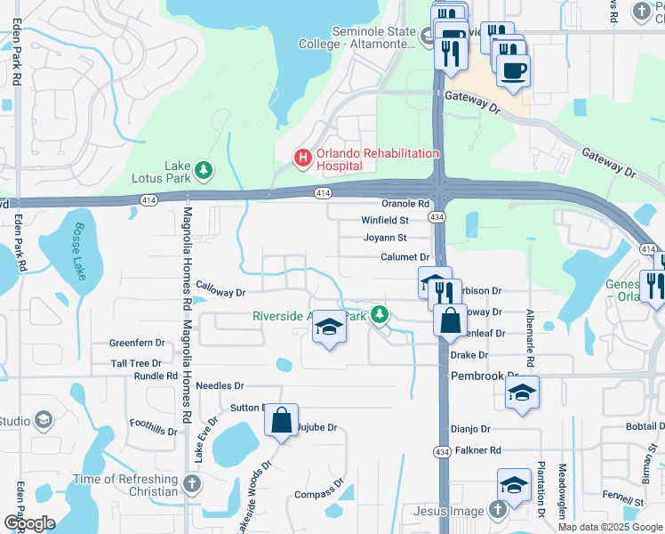map of restaurants, bars, coffee shops, grocery stores, and more near 3225 Calumet Drive in Orlando