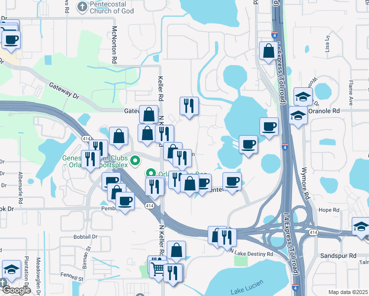 map of restaurants, bars, coffee shops, grocery stores, and more near 2601 Westhall Lane in Maitland