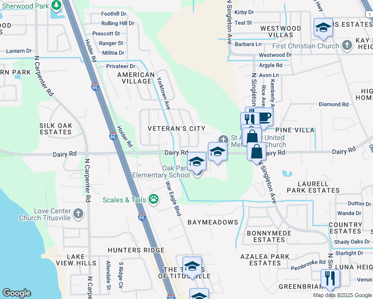 map of restaurants, bars, coffee shops, grocery stores, and more near 3645 East Powder Horn Road in Titusville