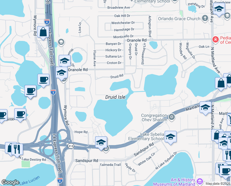 map of restaurants, bars, coffee shops, grocery stores, and more near 1403 Druid Isle Road in Maitland