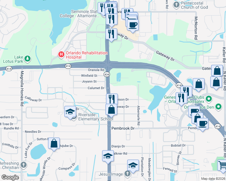 map of restaurants, bars, coffee shops, grocery stores, and more near 2513 Maitland Crossing Way in Orlando