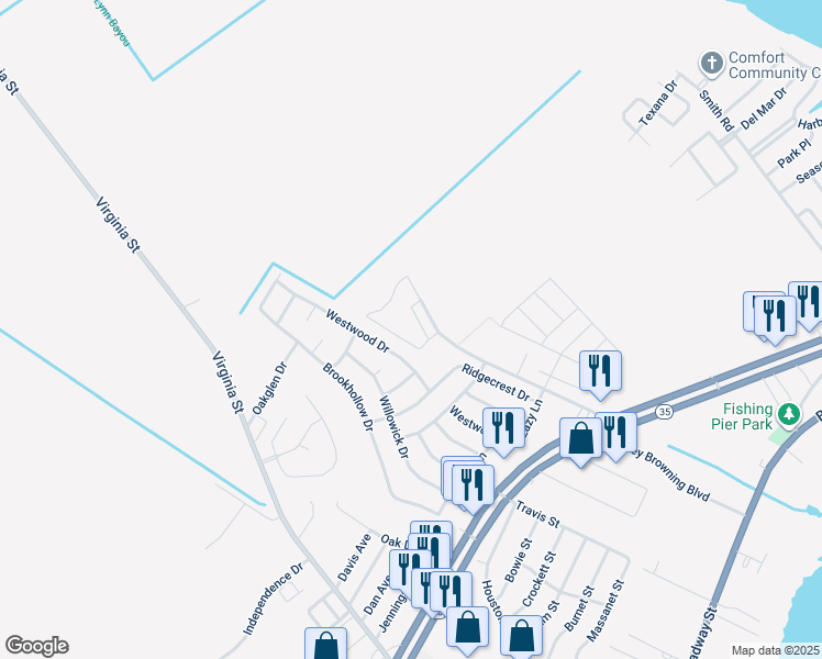 map of restaurants, bars, coffee shops, grocery stores, and more near 600 Village Road in Port Lavaca