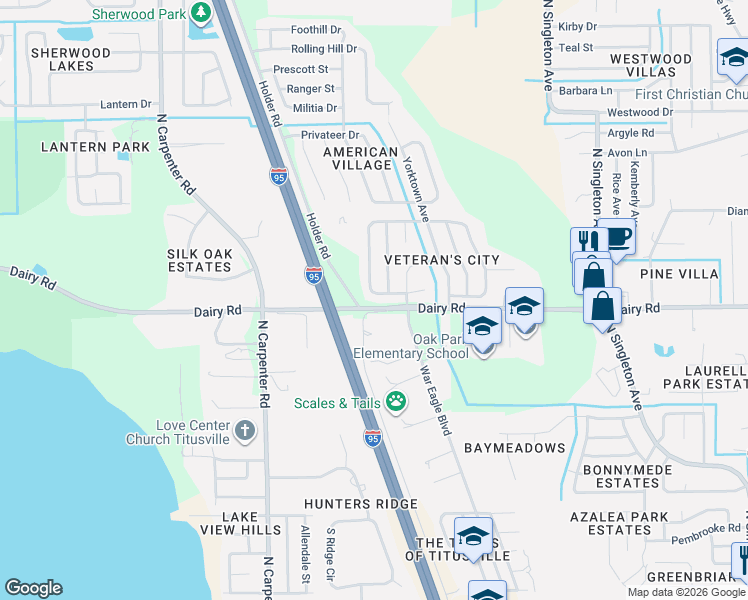 map of restaurants, bars, coffee shops, grocery stores, and more near 1523 West Powder Horn Road in Titusville