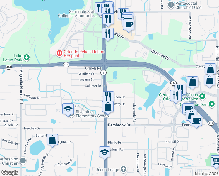 map of restaurants, bars, coffee shops, grocery stores, and more near 2740 Maitland Crossing Way in Orlando