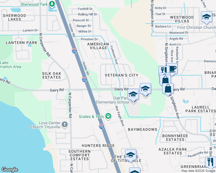 map of restaurants, bars, coffee shops, grocery stores, and more near 3733 West Powder Horn Road in Titusville