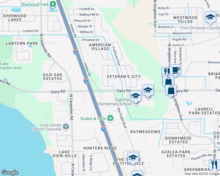 map of restaurants, bars, coffee shops, grocery stores, and more near 1520 Bunker Hill Court in Titusville