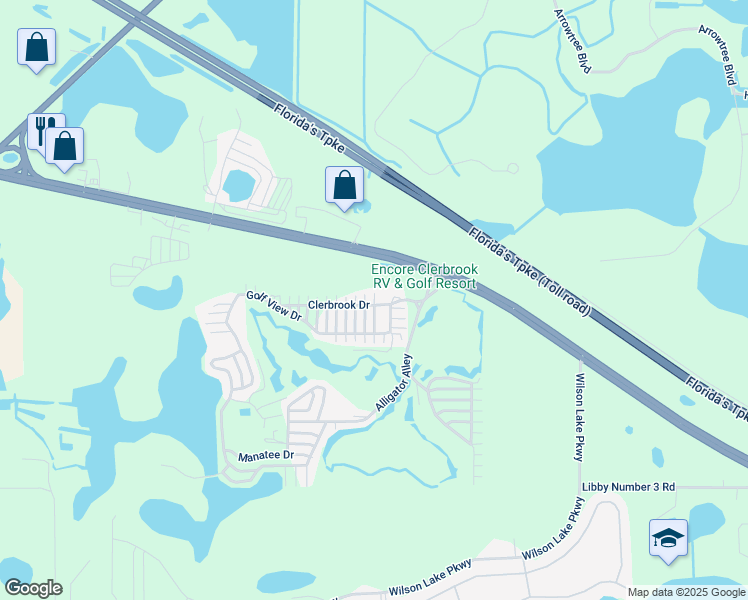 map of restaurants, bars, coffee shops, grocery stores, and more near Clerbrook Dr in Clermont