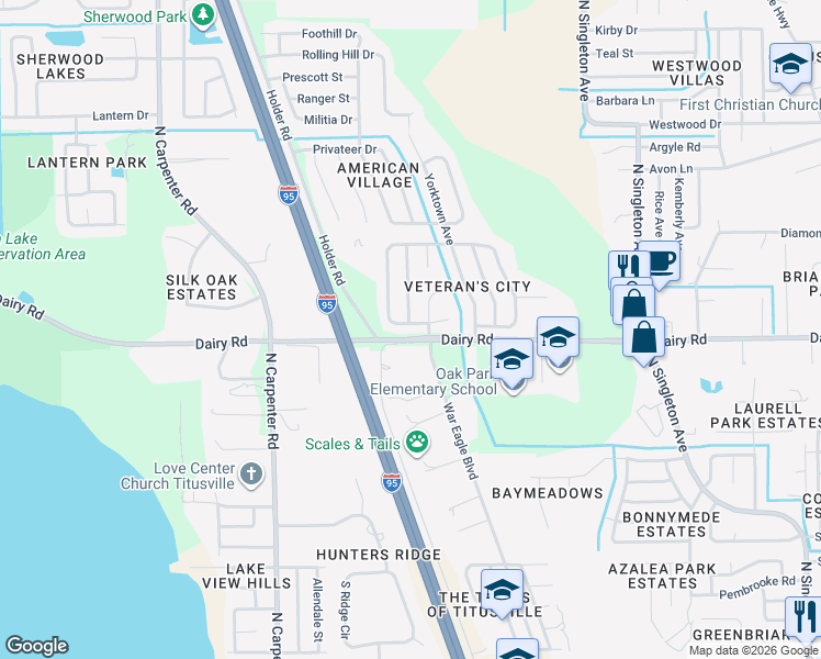 map of restaurants, bars, coffee shops, grocery stores, and more near 1520 Bunker Hill Court in Titusville